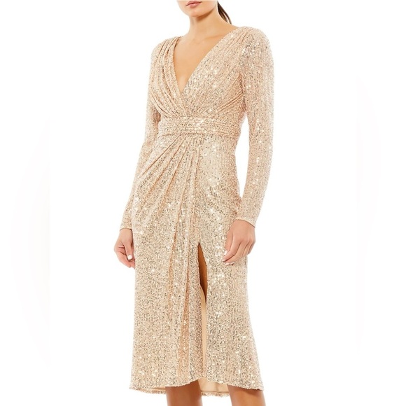 Ieena for Mac Duggal - NWT Sequined Long Sleeve Midi Dress in Rose Gold Sz 8 - Picture 1 of 13
